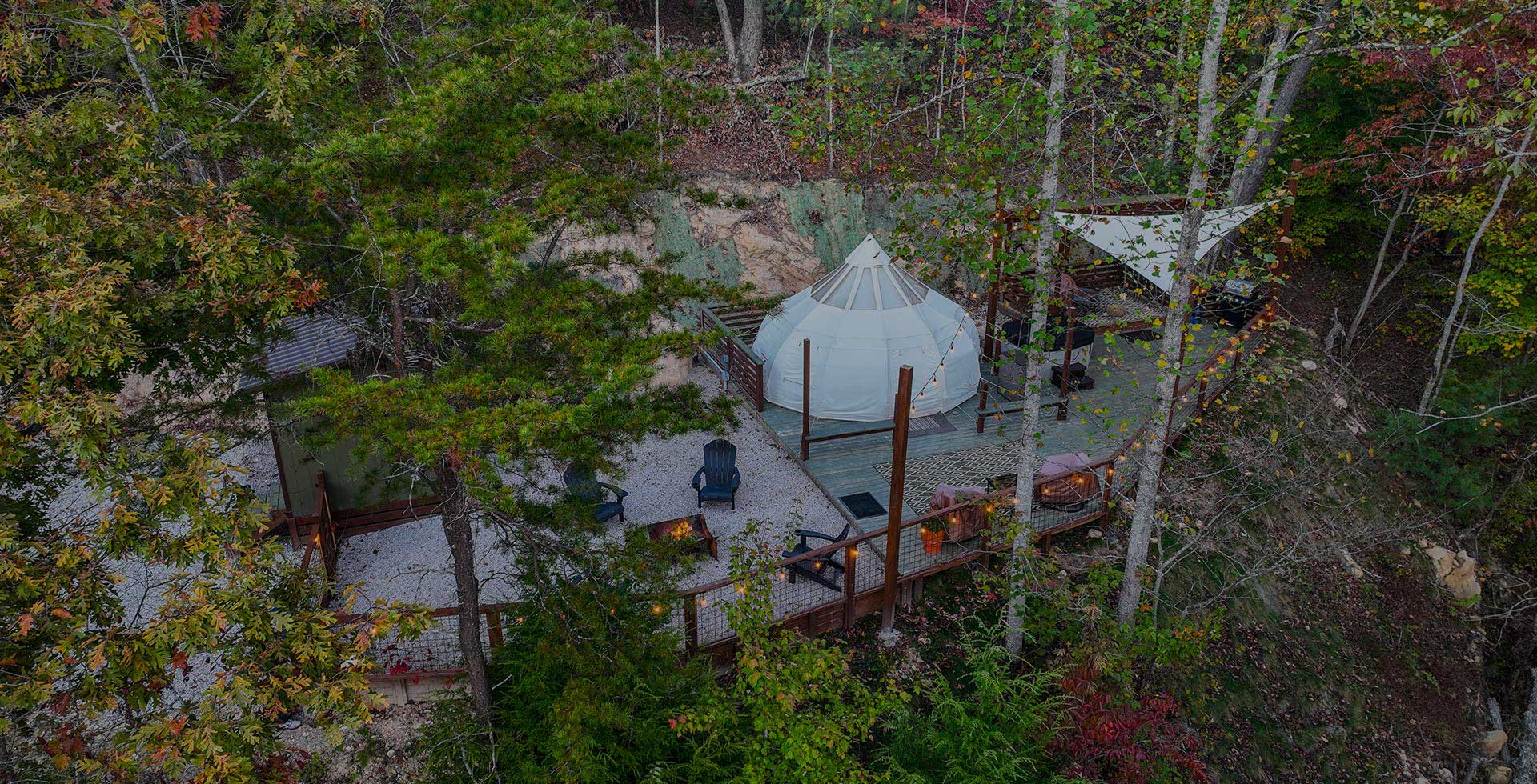 drone shot from above the campsite