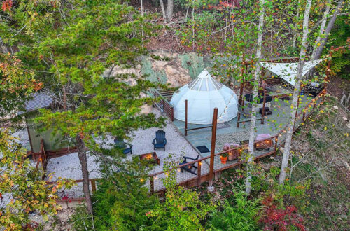 drone shot from above the campsite