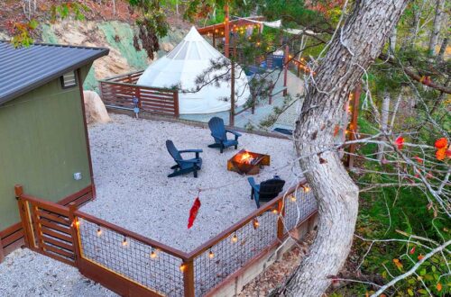 drone shot from above the campsite