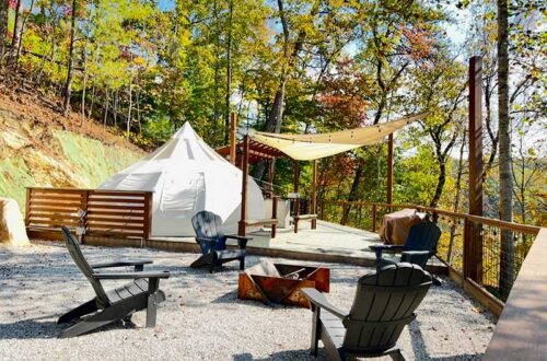 campsite view of the fire pit and tent