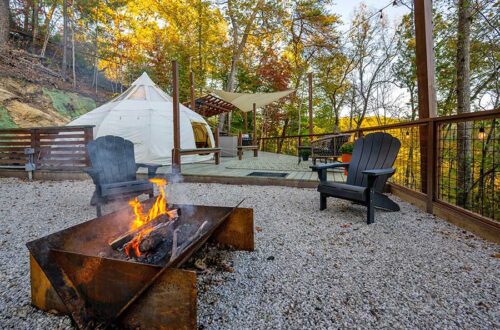 Fire pit area looking at the tent and dinning area