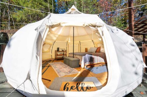looking into the tent
